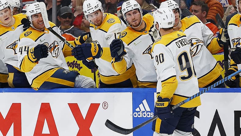 Nov 4, 2023; Edmonton, Alberta, CAN; The Nashville Predators celebrate a goal scored by forward Ryan O'Reilly (90) against the Edmonton Oilers at Rogers Place. Mandatory Credit: Perry Nelson-USA TODAY Sports