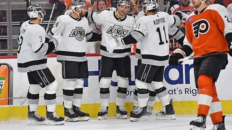 Nov 4, 2023; Philadelphia, Pennsylvania, USA; Los Angeles Kings center Adrian Kempe (9) celebrates his goal with teammates against the Philadelphia Flyers during the first period at Wells Fargo Center. Mandatory Credit: Eric Hartline-USA TODAY Sports
