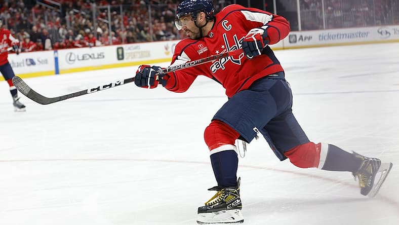 Nov 4, 2023; Washington, District of Columbia, USA; Washington Capitals left wing Alex Ovechkin (8) shoots the puck against the Columbus Blue Jackets in the third period at Capital One Arena. Mandatory Credit: Geoff Burke-USA TODAY Sports