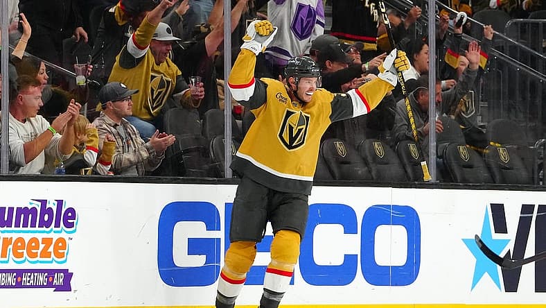 Nov 4, 2023; Las Vegas, Nevada, USA; Vegas Golden Knights defenseman Brayden McNabb (3) celebrates after getting an assist on a goal by Vegas Golden Knights right wing Mark Stone (61) scored against the Colorado Avalanche during the first period at T-Mobile Arena. Mandatory Credit: Stephen R. Sylvanie-USA TODAY Sports
