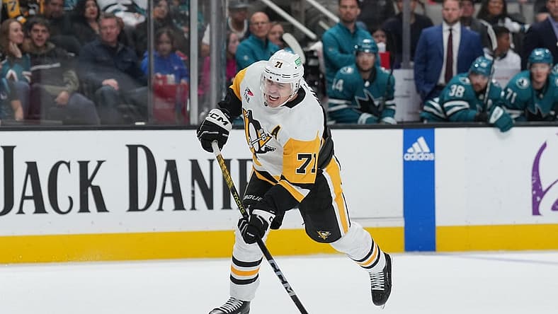 Nov 4, 2023; San Jose, California, USA; Pittsburgh Penguins center Evgeni Malkin (71) shoots against the San Jose Sharks during the third period at SAP Center at San Jose. Mandatory Credit: Darren Yamashita-USA TODAY Sports