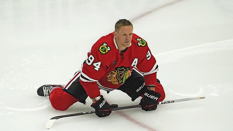 Nov 5, 2023; Chicago, Illinois, USA; Chicago Blackhawks right wing Corey Perry (94) warms up before the game against the New Jersey Devils at United Center. Mandatory Credit: David Banks-USA TODAY Sports
