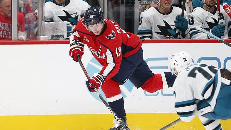 Oct 29, 2023; Washington, District of Columbia, USA; Washington Capitals center Nicklas Backstrom (19) controls the puck during the first period against the San Jose Sharks at Capital One Arena. Mandatory Credit: Amber Searls-USA TODAY Sports