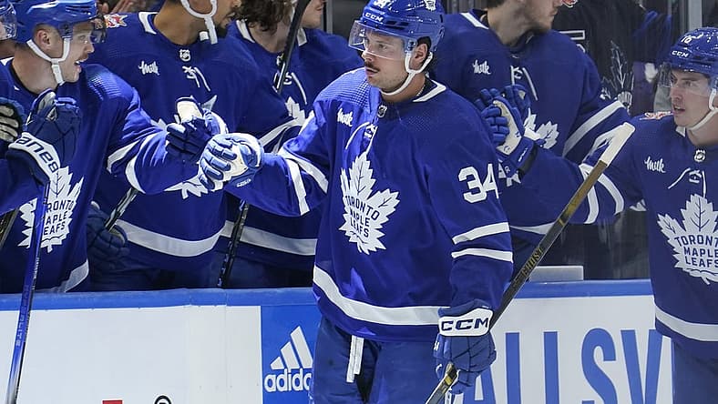 Nov 6, 2023; Toronto, Ontario, CAN; Toronto Maple Leafs forward Auston Matthews (34) celebrates with teammates after a goal against the Tampa Bay Lightning during the second period at Scotiabank Arena. Mandatory Credit: John E. Sokolowski-USA TODAY Sports