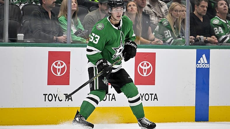 Nov 6, 2023; Dallas, Texas, USA; Dallas Stars center Wyatt Johnston (53) looks for the puck in the Boston Bruins zone during the third period at the American Airlines Center. Mandatory Credit: Jerome Miron-USA TODAY Sports