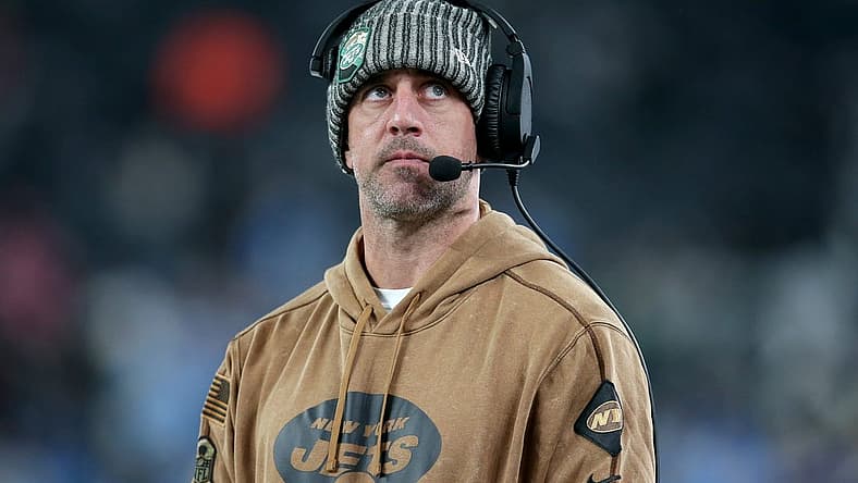 Nov 6, 2023; East Rutherford, New Jersey, USA; New York Jets injured quarterback Aaron Rodgers reacts during the fourth quarter against the Los Angeles Chargers at MetLife Stadium. Mandatory Credit: Brad Penner-USA TODAY Sports