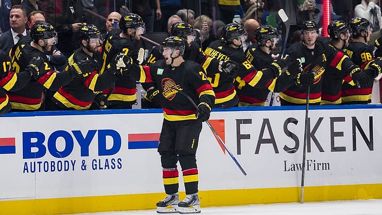 Nov 6, 2023; Vancouver, British Columbia, CAN; Vancouver Canucks forward Nils Hoglander (21) celebrates his goal against the Edmonton Oilers in the second period at Rogers Arena. Mandatory Credit: Bob Frid-USA TODAY Sports