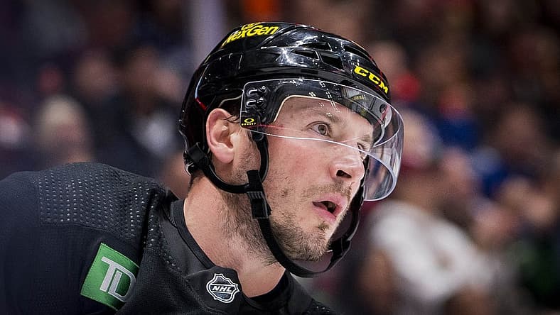 Nov 6, 2023; Vancouver, British Columbia, CAN; Vancouver Canucks forward J.T. Miller (9) looks on against the Edmonton Oilers in the third period at Rogers Arena. Vancouver won 6-2. Mandatory Credit: Bob Frid-USA TODAY Sports