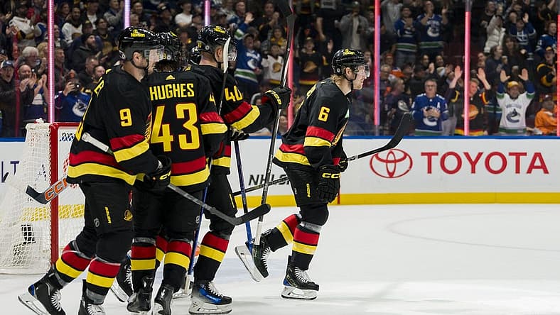 Nov 6, 2023; Vancouver, British Columbia, CAN; Vancouver Canucks forward J.T. Miller (9), defenseman Quinn Hughes (43), forward Elias Pettersson (40) and forward Brock Boeser (6) celebrate Boeser   s goal against the Edmonton Oilers in the first period at Rogers Arena. Mandatory Credit: Bob Frid-USA TODAY Sports