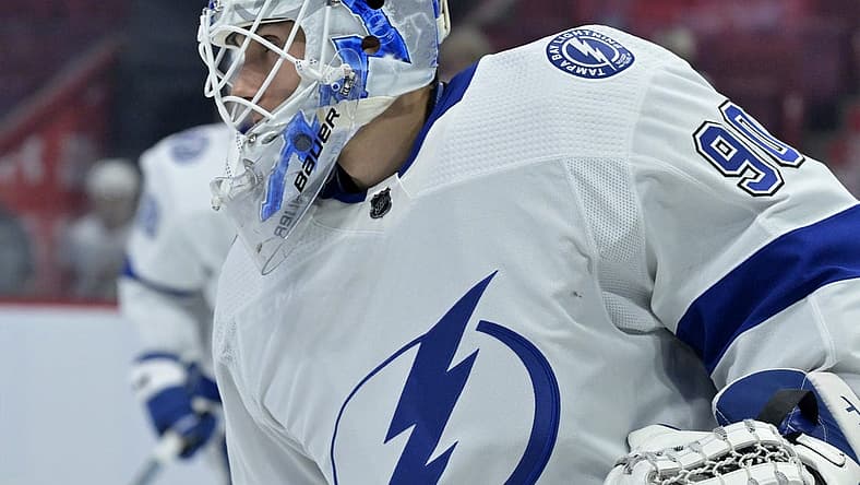 Nov 7, 2023; Montreal, Quebec, CAN; Tampa Bay Lightning goalie Matt Tomkins (90) skates during the warmup period before the game against the Montreal Canadiens at the Bell Centre. Mandatory Credit: Eric Bolte-USA TODAY Sports