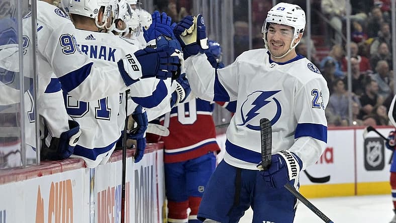 Nov 7, 2023; Montreal, Quebec, CAN; Tampa Bay Lightning forward Michael Eyssimont (23) celebrates with teammates after scoring a goal against the Montreal Canadiens during the first period at the Bell Centre. Mandatory Credit: Eric Bolte-USA TODAY Sports