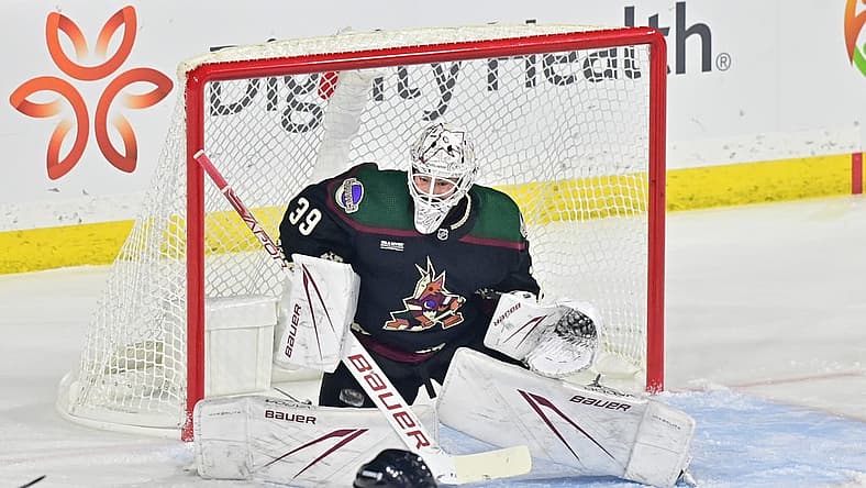 Nov 7, 2023; Tempe, Arizona, USA; Arizona Coyotes goaltender Connor Ingram (39) makes a save in the first period Seattle Kraken at Mullett Arena. Mandatory Credit: Matt Kartozian-USA TODAY Sports