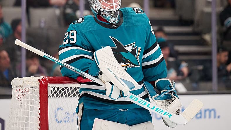 Nov 7, 2023; San Jose, California, USA; San Jose Sharks goaltender Mackenzie Blackwood (29) stands in the goal crease during a stoppage of play against the Philadelphia Flyers during the first period at SAP Center at San Jose. Mandatory Credit: Robert Edwards-USA TODAY Sports