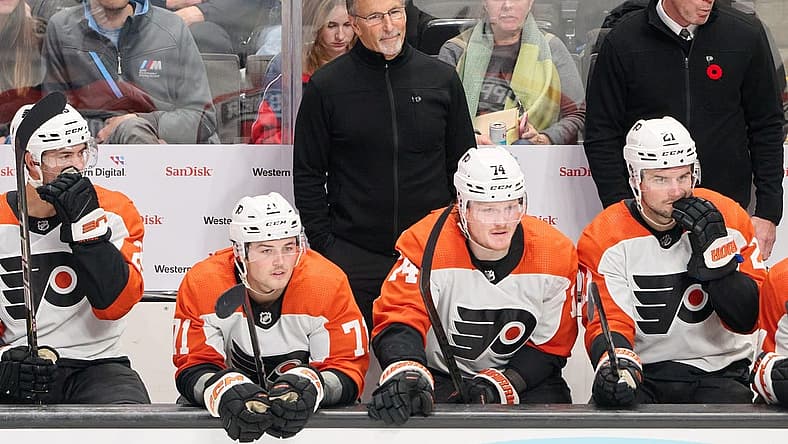 Nov 7, 2023; San Jose, California, USA; Philadelphia Flyers head coach John Tortorella watches the play against the San Jose Sharks from the bench during the third period at SAP Center at San Jose. Mandatory Credit: Robert Edwards-USA TODAY Sports