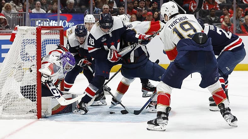 Nov 8, 2023; Washington, District of Columbia, USA; Washington Capitals center Connor McMichael (24) attempts to shoot the puck on Florida Panthers goaltender Sergei Bobrovsky (72) in the third period at Capital One Arena. Mandatory Credit: Geoff Burke-USA TODAY Sports