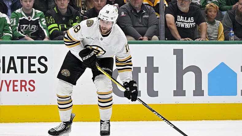 Nov 6, 2023; Dallas, Texas, USA; Boston Bruins center Pavel Zacha (18) in action during the game between the Dallas Stars and the Boston Bruins at the American Airlines Center. Mandatory Credit: Jerome Miron-USA TODAY Sports