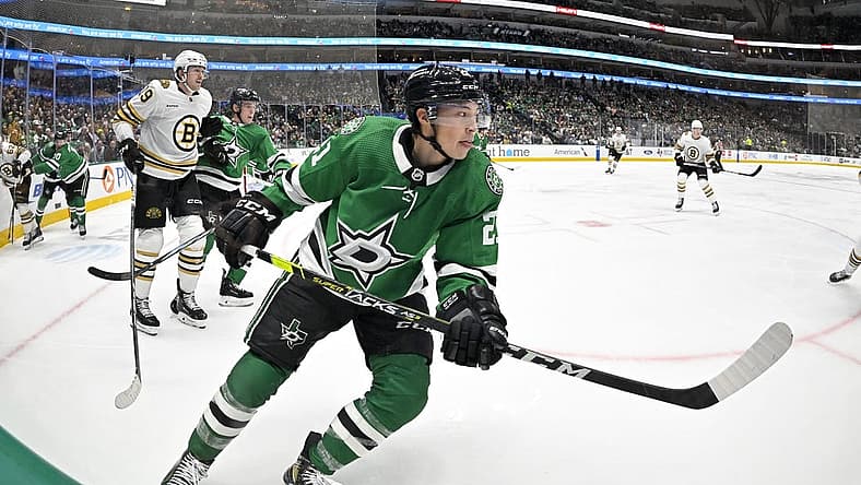 Nov 6, 2023; Dallas, Texas, USA; Dallas Stars left wing Jason Robertson (21) in action during the game between the Dallas Stars and the Boston Bruins at the American Airlines Center. Mandatory Credit: Jerome Miron-USA TODAY Sports