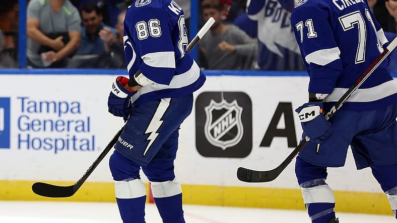Nov 9, 2023; Tampa, Florida, USA; Tampa Bay Lightning right wing Nikita Kucherov (86) celebrates after he makes a goal against the Chicago Blackhawks during the first period at Amalie Arena. Mandatory Credit: Kim Klement Neitzel-USA TODAY Sports