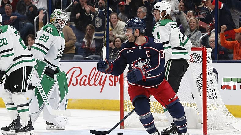 Nov 9, 2023; Columbus, Ohio, USA; Columbus Blue Jackets center Boone Jenner (38) celebrates his goal against the Dallas Stars during the first period at Nationwide Arena. Mandatory Credit: Russell LaBounty-USA TODAY Sports