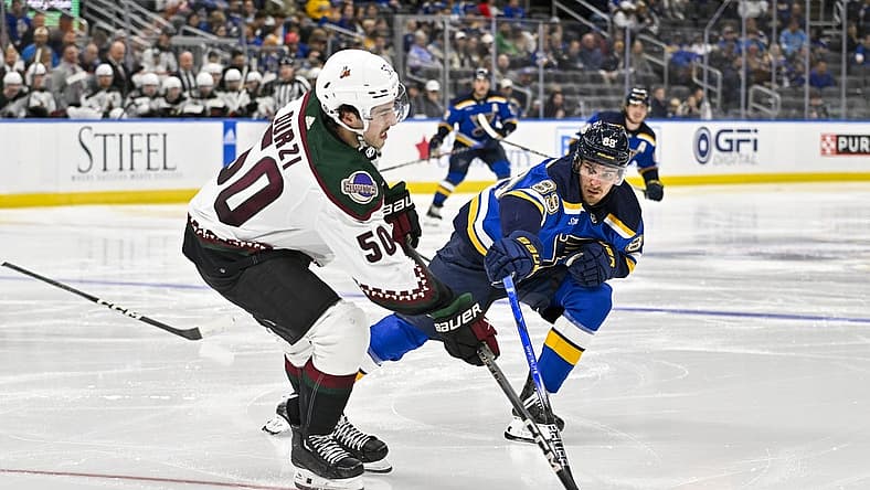 Nov 9, 2023; St. Louis, Missouri, USA;  St. Louis Blues left wing Pavel Buchnevich (89) defends against Arizona Coyotes defenseman Sean Durzi (50) during the second period at Enterprise Center. Mandatory Credit: Jeff Curry-USA TODAY Sports