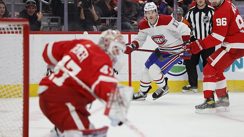 Nov 9, 2023; Detroit, Michigan, USA; Detroit Red Wings goaltender James Reimer (47) makes a save on Montreal Canadiens right wing Josh Anderson (17) in the third period at Little Caesars Arena. Mandatory Credit: Rick Osentoski-USA TODAY Sports