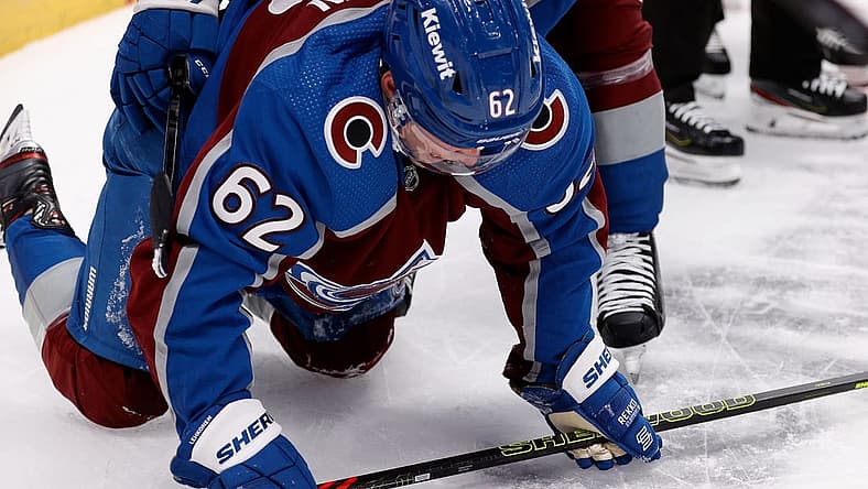 Nov 9, 2023; Denver, Colorado, USA; Colorado Avalanche left wing Artturi Lehkonen (62) on the ice after a play in the second period against the Seattle Kraken at Ball Arena. Mandatory Credit: Isaiah J. Downing-USA TODAY Sports