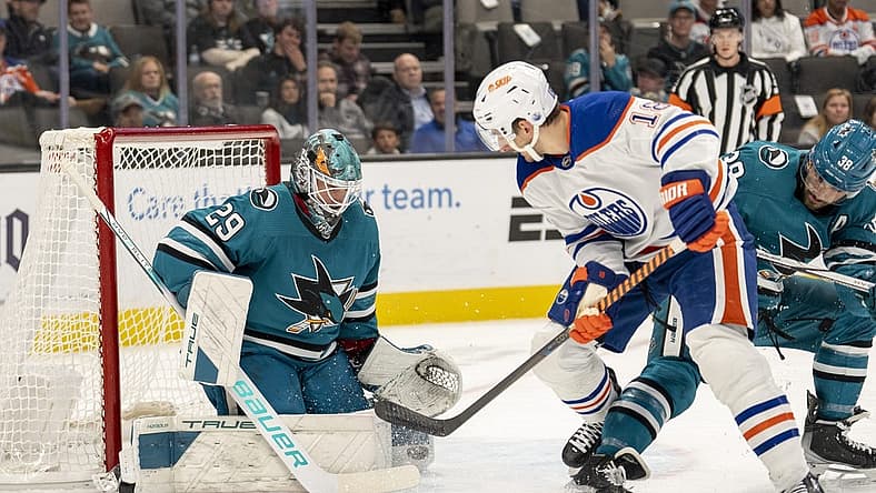 Nov 9, 2023; San Jose, California, USA; San Jose Sharks goaltender Mackenzie Blackwood (29) makes a save against the shot by Edmonton Oilers left wing Zach Hyman (18) during the first period at SAP Center at San Jose. Mandatory Credit: Neville E. Guard-USA TODAY Sports