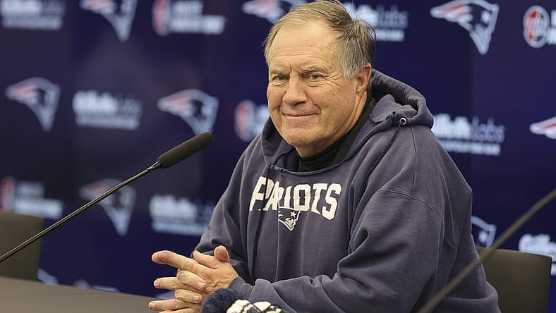Nov 10, 2023; Frankfurt, Germany; New England Patriots head coach Bill Belichick speaks to the media before an NFL International Series practice at the Deutcher Fussball-Bund facility. Mandatory Credit: Nathan Ray Seebeck-USA TODAY Sports