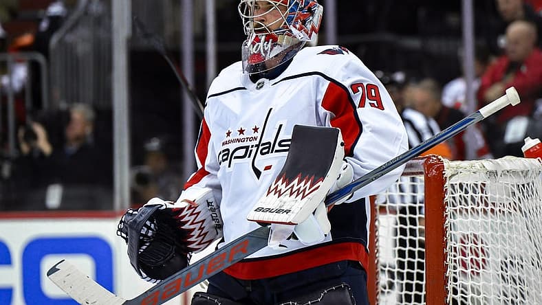 Nov 10, 2023; Newark, New Jersey, USA; Washington Capitals goaltender Charlie Lindgren (79) tends net during the second period against the New Jersey Devils at Prudential Center. Mandatory Credit: John Jones-USA TODAY Sports