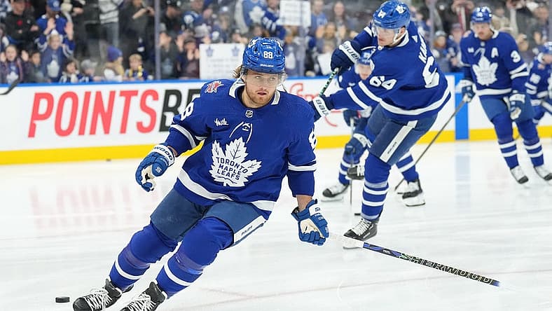 Nov 11, 2023; Toronto, Ontario, CAN; Toronto Maple Leafs right wing William Nylander (88) skates during the warmup before a game against the Vancouver Canucks at Scotiabank Arena. Mandatory Credit: Nick Turchiaro-USA TODAY Sports
