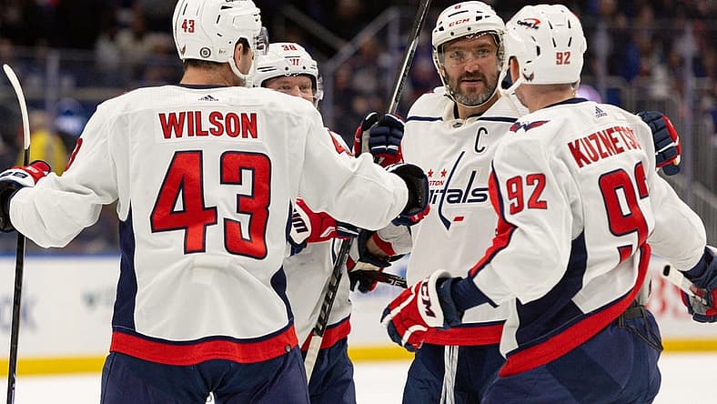 Nov 11, 2023; Elmont, New York, USA; Washington Capitals left wing Alex Ovechkin (8) celebrates his goal against the New York Islanders  during the first period at UBS Arena. Mandatory Credit: Thomas Salus-USA TODAY Sports