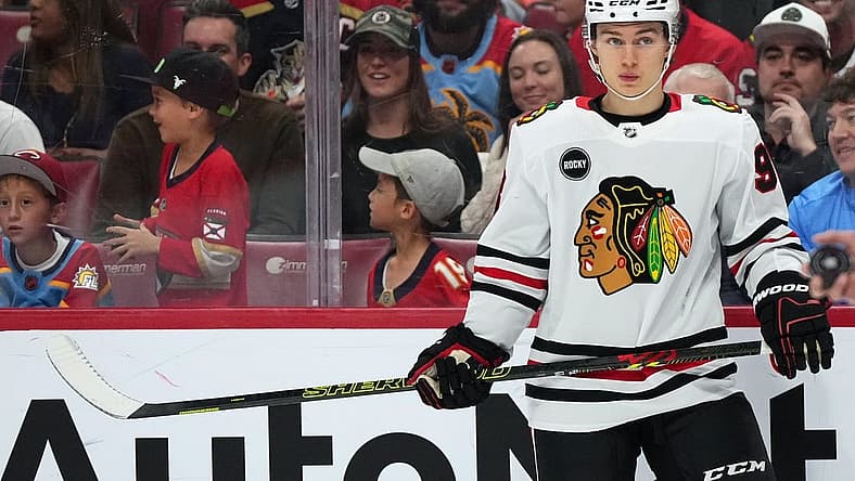 Nov 12, 2023; Sunrise, Florida, USA; Chicago Blackhawks center Connor Bedard (98) stands on the ice during the first period against the Florida Panthers at Amerant Bank Arena. Mandatory Credit: Jasen Vinlove-USA TODAY Sports