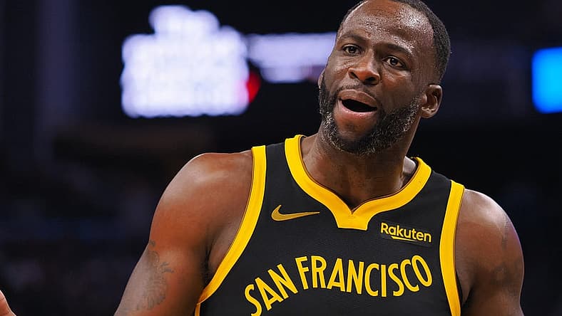 Nov 12, 2023; San Francisco, California, USA; Golden State Warriors forward Draymond Green (23) reacts after a call against the Minnesota Timberwolves during the second quarter at Chase Center. Mandatory Credit: Kelley L Cox-USA TODAY Sports