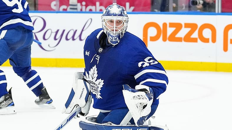 Nov 11, 2023; Toronto, Ontario, CAN; Toronto Maple Leafs goaltender Ilya Samsonov (35) against the Vancouver Canucks during the second period at Scotiabank Arena. Mandatory Credit: Nick Turchiaro-USA TODAY Sports