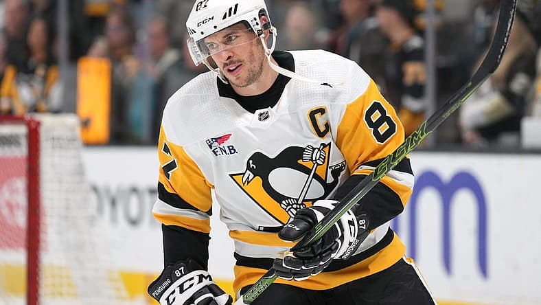 Nov 4, 2023; San Jose, California, USA; Pittsburgh Penguins center Sidney Crosby (87) warms up before the game against the San Jose Sharks at SAP Center at San Jose. Mandatory Credit: Darren Yamashita-USA TODAY Sports