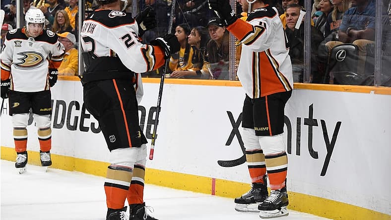 Nov 14, 2023; Nashville, Tennessee, USA; Anaheim Ducks defenseman Cam Fowler (4) celebrates after a goal during the second period against the Nashville Predators at Bridgestone Arena. Mandatory Credit: Christopher Hanewinckel-USA TODAY Sports