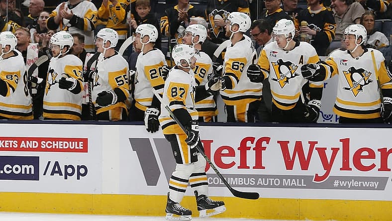 Nov 14, 2023; Columbus, Ohio, USA; Pittsburgh Penguins center Sidney Crosby (87) celebrates his goal against the Columbus Blue Jackets during the first period at Nationwide Arena. Mandatory Credit: Russell LaBounty-USA TODAY Sports