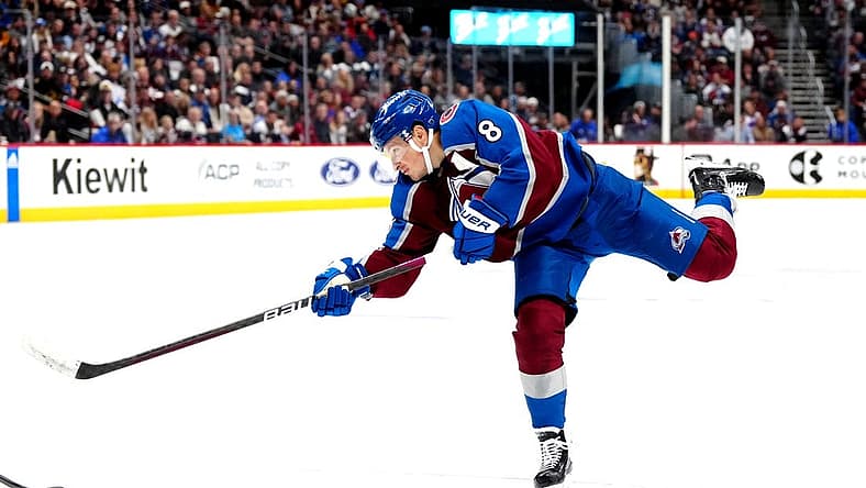 Nov 15, 2023; Denver, Colorado, USA; Colorado Avalanche defenseman Cale Makar (8) shoots the puck in the second period against the Anaheim Ducks at Ball Arena. Mandatory Credit: Ron Chenoy-USA TODAY Sports