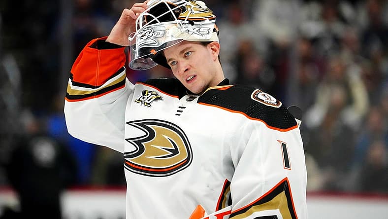Nov 15, 2023; Denver, Colorado, USA; Anaheim Ducks goaltender Lukas Dostal (1) during the second period against the Colorado Avalanche at Ball Arena. Mandatory Credit: Ron Chenoy-USA TODAY Sports