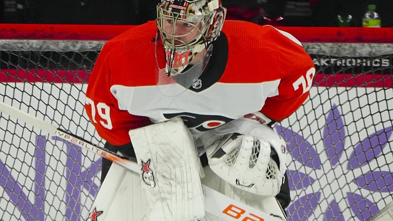 Nov 15, 2023; Raleigh, North Carolina, USA; Philadelphia Flyers goaltender Carter Hart (79) looks on before the game against the Carolina Hurricanes at PNC Arena. Mandatory Credit: James Guillory-USA TODAY Sports
