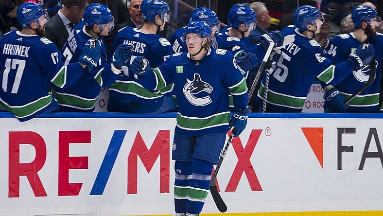 Nov 15, 2023; Vancouver, British Columbia, CAN; Vancouver Canucks forward Brock Boeser (6) celebrates his goal against the New York Islanders in the second period at Rogers Arena. Mandatory Credit: Bob Frid-USA TODAY Sports