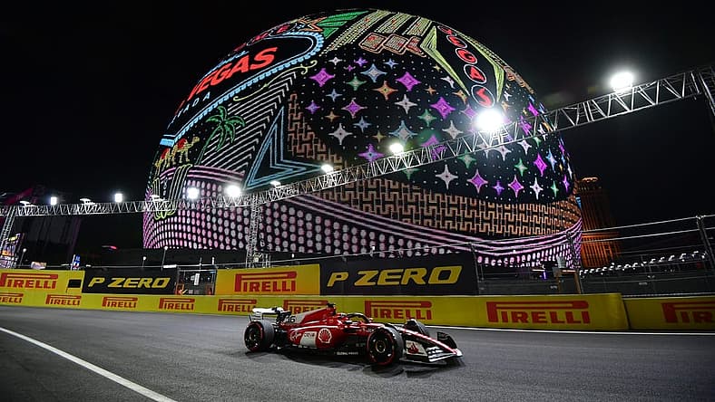 Nov 16, 2023; Las Vegas, Nevada, USA; Scuderia Ferrari driver Charles LeClerc of Monaco (16) during free practice at Las Vegas Strip Circuit. Mandatory Credit: Gary A. Vasquez-USA TODAY Sports