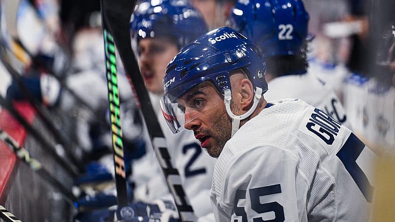 Nov 17, 2023; Stockholm, SWE; Toronto Maple Leafs defenseman Mark Giordano (55) on the bench against the Detroit Red Wings during a Global Series NHL hockey game at Avicii Arena. Mandatory Credit: Per Haljestam-USA TODAY Sports