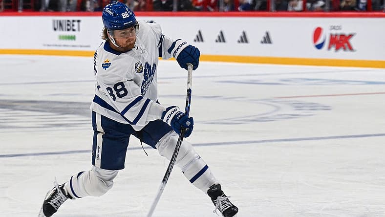 Nov 17, 2023; Stockholm, SWE; Toronto Maple Leafs right wing William Nylander (88) takes a shot against the Detroit Red Wings during a Global Series NHL hockey game at Avicii Arena. Mandatory Credit: Per Haljestam-USA TODAY Sports
