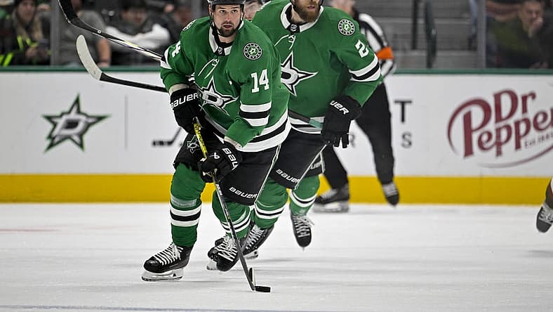 Nov 14, 2023; Dallas, Texas, USA; Dallas Stars left wing Jamie Benn (14) in action during the game between the Dallas Stars and the Arizona Coyotes at the American Airlines Center. Mandatory Credit: Jerome Miron-USA TODAY Sports