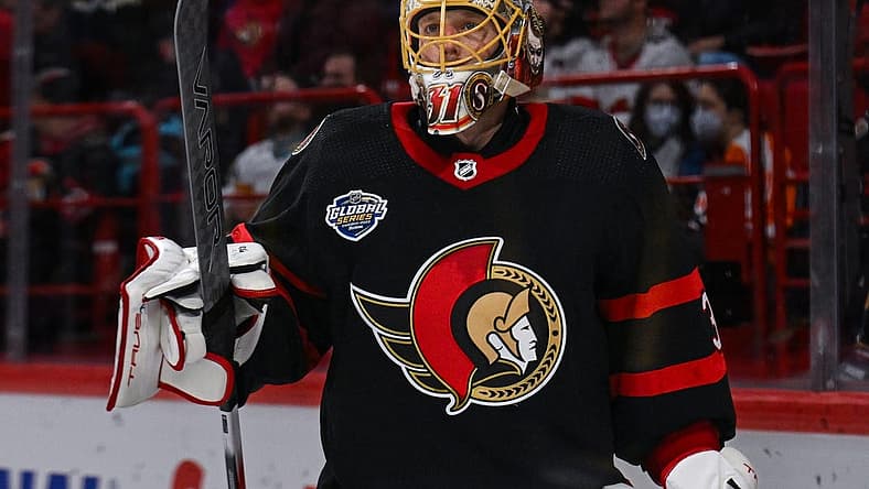 Nov 18, 2023; Stockholm, SWE; Ottawa Senators goaltender Anton Forsberg (31) reacts against the Minnesota Wild during a Global Series NHL hockey game at Avicii Arena. Mandatory Credit: Per Haljestam-USA TODAY Sports