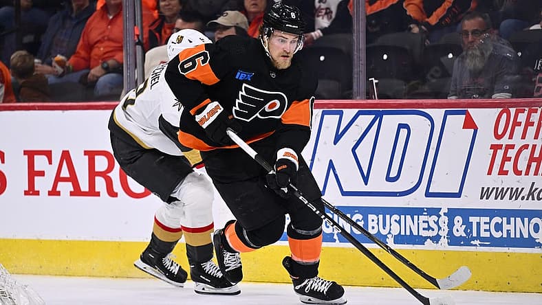 Nov 18, 2023; Philadelphia, Pennsylvania, USA; Philadelphia Flyers defenseman Travis Sanheim (6) controls the puck against the Vegas Golden Knights in the first period at Wells Fargo Center. Mandatory Credit: Kyle Ross-USA TODAY Sports