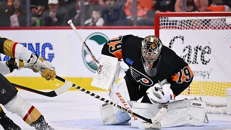 Nov 18, 2023; Philadelphia, Pennsylvania, USA; Philadelphia Flyers goalie Carter Hart (79) makes a save against the Vegas Golden Knights in the third period at Wells Fargo Center. Mandatory Credit: Kyle Ross-USA TODAY Sports