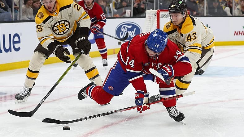 Nov 18, 2023; Boston, Massachusetts, USA; Montreal Canadiens center Nick Suzuki (14) has his hand lifted off his stick by Boston Bruins center Danton Heinen (43) during the first period at TD Garden. Mandatory Credit: Winslow Townson-USA TODAY Sports