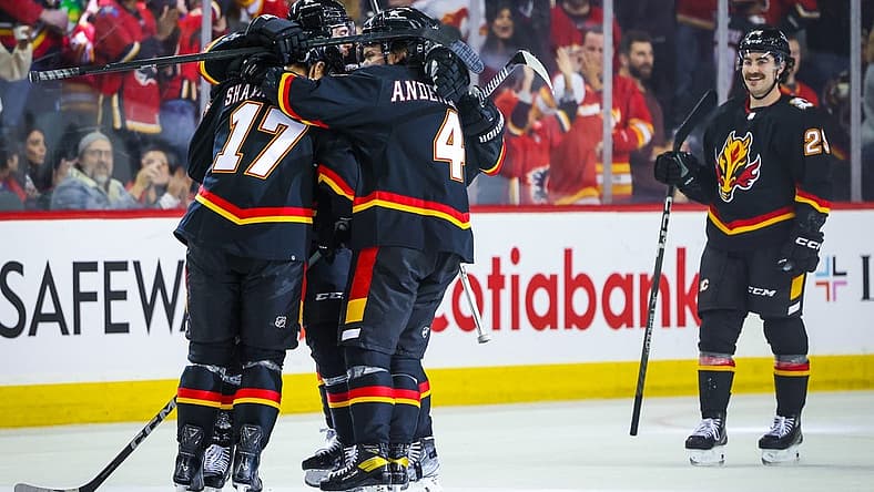 Nov 18, 2023; Calgary, Alberta, CAN; Calgary Flames center Yegor Sharangovich (17) celebrates his goal with teammates against the New York Islanders during the third period at Scotiabank Saddledome. Mandatory Credit: Sergei Belski-USA TODAY Sports